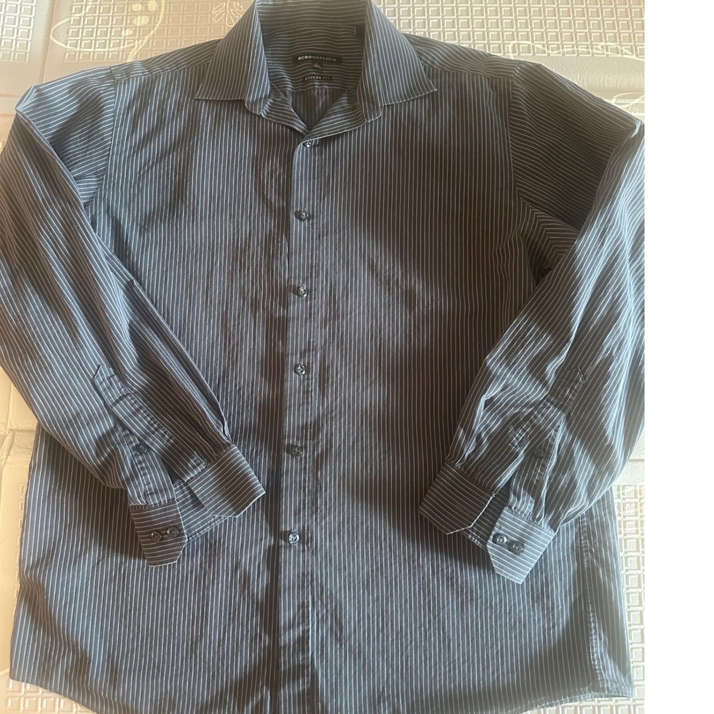 BCBGMAXAZRIA Mens Modern Fit Pinstripe Dress Shirt Black White 16.5 34/35 L